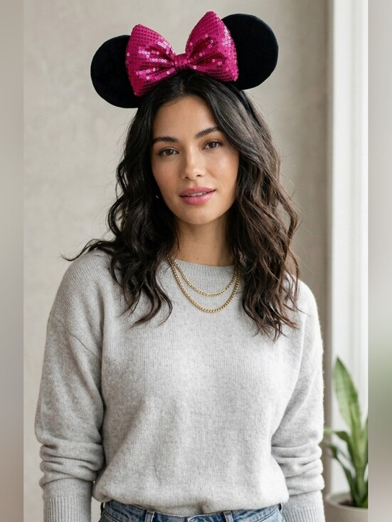 Accessories - Disney Inspired NWOT Black & Pink Velour Sequins Minnie Mouse Ears- Headband